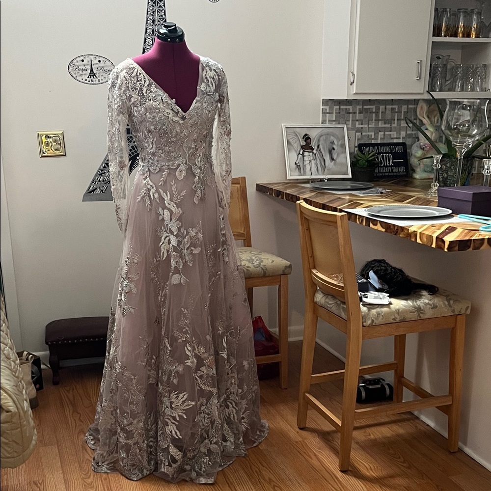 Mac Duggal Dusty Rose Beaded Lace Long Sleeve Evening Gown